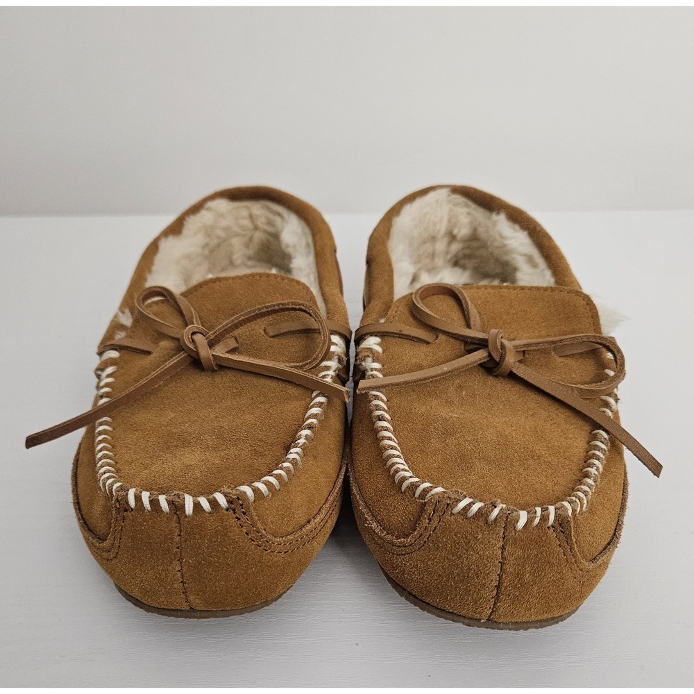 NWOT Nordstrom Men's Micah Suede Moccasin Slippers Faux Fur Lined Chestnut 7/8 - Picture 2 of 4
